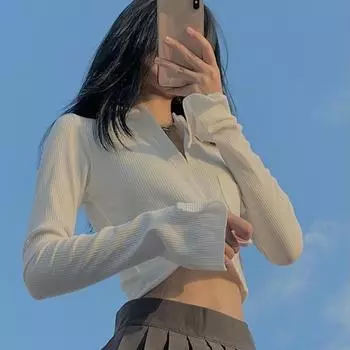 Рубашка с длинным рукавом в рубчик с воротником поло, женская базовая однотонная футболка, модный укороченный топ с карманами, женская универсальная винтажная футболка, одежда Y2K S чёрный