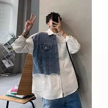 Рубашка с длинным рукавом в весенне-летнем стиле для мужчин, свободная, с контрастной цветной строчкой, джинсовая рубашка M белый