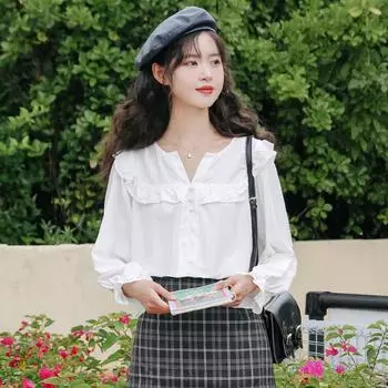 Рубашка с длинным рукавом во французском стиле, женская рубашка с весенним настроением, универсальный топ, блузка на шнуровке M белый