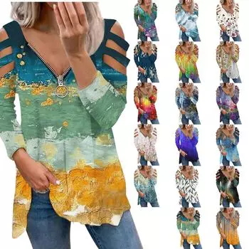 Рубашка с длинным рукавом, женская модная верхняя рубашка, цветная рубашка с v-образным вырезом и застежкой-молнией, повседневный топ с длинными рукавами, повседневная блузка T M