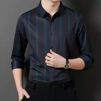 Рубашка с длинными рукавами для мужчин, рубашка, не требующая глажки, повседневный топ в вертикальную полоску для молодых и мужчин среднего возраста M