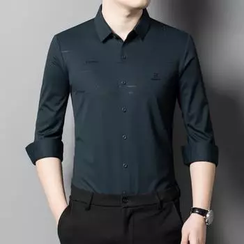 Рубашка с длинными рукавами для мужчин среднего возраста, бесшовная, из ледяного шелка, однотонная, с лацканами в дюйм, модная, для папы, топ для мужчин M