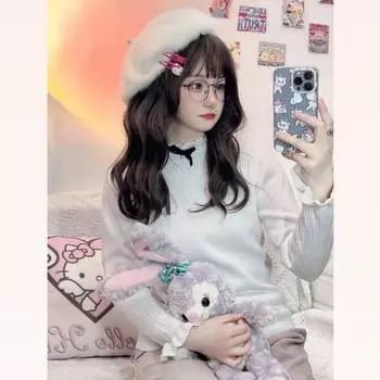 Рубашка с длинными рукавами для японских девочек с новой кружевной основой с бантом 2022 года, двухцветный топ на осень и зиму для женщин S белый