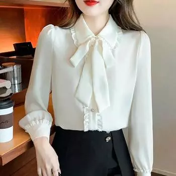 Рубашка с длинными рукавами и бантом Женская одежда на весну и осень Корейская версия блузки The Niche Design Sense Свободная шифоновая рубашка в стиле темперамент XS белый