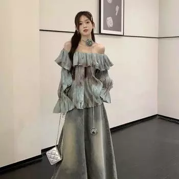 Рубашка с длинными рукавами и длинными рукавами на одно плечо, с дизайнерским ощущением ниши, осенний новый свободный и шикарный топ в стиле тай-дай S