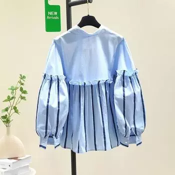 Рубашка с длинными рукавами и отделкой в виде листьев лотоса, женская, синяя, в полоску, простая, женская, шикарная, корейская, свободная, повседневная одежда M