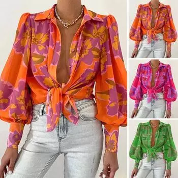 Рубашка с длинными рукавами и пышными рукавами, топы с цветочным принтом, однобортная свободная тонкая блузка, рабочая одежда M розы красного