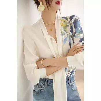 Рубашка с длинными рукавами и V-образным вырезом в стиле ленты с осенним принтом и женским топом Sense, блузки и рубашки S