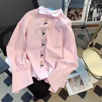 Рубашка с длинными рукавами и вышивкой розового цвета с жемчужным узором, однобортный топ, весенняя французская мода, женская одежда S