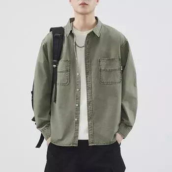 Рубашка с длинными рукавами из американского плотного стираного чистого хлопка, мужская, высокого класса, повседневная, однотонная, инструментальная рубашка, куртка M армия зеленый