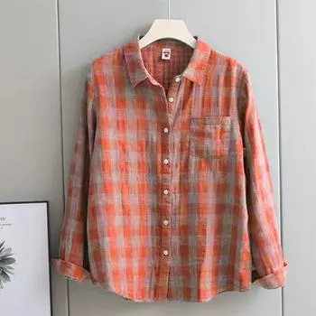 Рубашка с длинными рукавами из двухслойной хлопковой ткани весна-осень, женская, корейская, в клетку, свободный топ, уменьшающая возраст, рубашка M красный