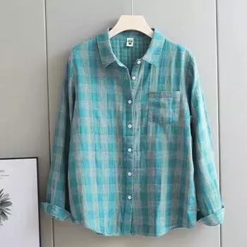 Рубашка с длинными рукавами из двухслойной хлопковой ткани весна-осень, женская, высококачественная, клетчатая, свободного кроя, утягивающая, против старения M