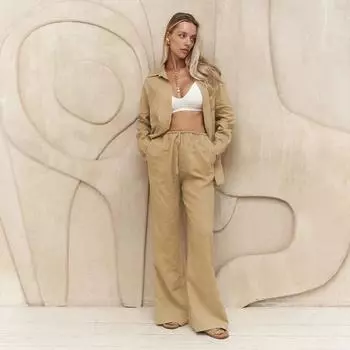 Рубашка с длинными рукавами из хлопка и льна, комплект с широкими брюками, свободный верх, эластичный пояс на шнурке, прямые брюки, женский летний однотонный брючный костюм для поездок на работу S белый