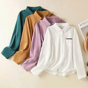 Рубашка с длинными рукавами из хлопка и льна ранней весны для женщин, свободная, уменьшающая возраст, ретро-топ, блузки и рубашки M белый