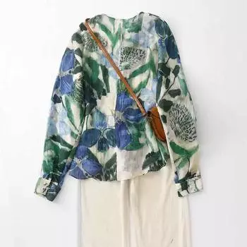 Рубашка с длинными рукавами из смеси рами с принтом для женщин, весенне-осенняя блузка, свободный топ с V-образным вырезом и защитой от солнца M зелёный