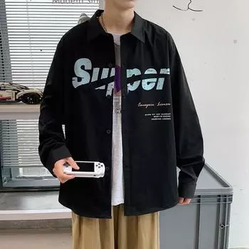 Рубашка с длинными рукавами, мужская куртка для подростков, красивые весенне-осенние модные топы XXXXL чёрный