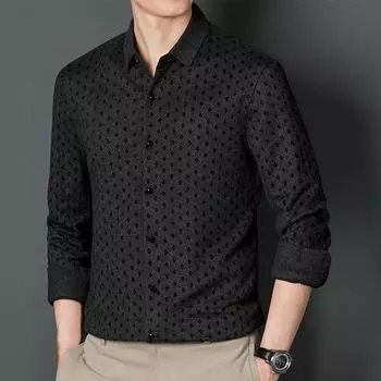 Рубашка с длинными рукавами, мужская, с лацканами, для среднего возраста, весна и осень, для пап среднего возраста, модные повседневные топы, базовая рубашка M чёрный
