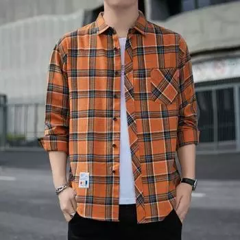 Рубашка с длинными рукавами, мужская весна и осень, новая модная повседневная клетчатая универсальная рубашка с воротником, блузка M зелёный