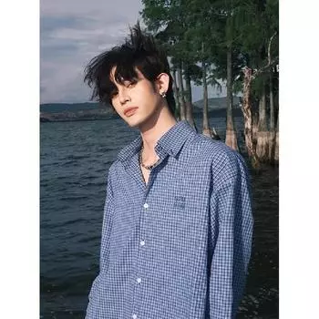 Рубашка с длинными рукавами с буквенным принтом 2024 года в японском стиле в стиле Гонконга, свободная рубашка для мужчин, летняя модная универсальная повседневная куртка M синий