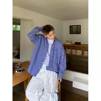Рубашка с длинными рукавами с буквенным принтом 2024 года в японском стиле в стиле Гонконга, свободная рубашка для мужчин, летняя модная универсальная повседневная куртка M синий