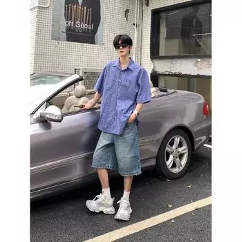 Рубашка с длинными рукавами с буквенным принтом 2024 года в японском стиле в стиле Гонконга, свободная рубашка для мужчин, летняя модная универсальная повседневная куртка M синий