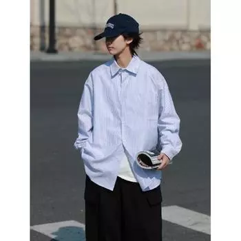 Рубашка с длинными рукавами с буквенным принтом 2024 года в японском стиле в стиле Гонконга, свободная рубашка для мужчин, летняя модная универсальная повседневная куртка M синий