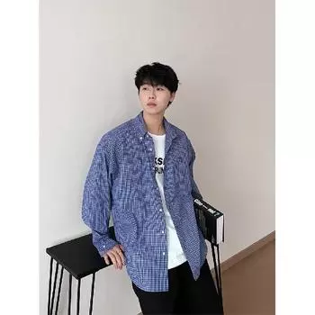 Рубашка с длинными рукавами с буквенным принтом 2024 года в японском стиле в стиле Гонконга, свободная рубашка для мужчин, летняя модная универсальная повседневная куртка M синий