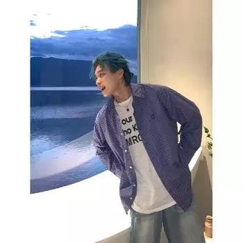 Рубашка с длинными рукавами с буквенным принтом 2024 года в японском стиле в стиле Гонконга, свободная рубашка для мужчин, летняя модная универсальная повседневная куртка M синий