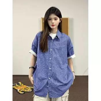 Рубашка с длинными рукавами с буквенным принтом 2024 года в японском стиле в стиле Гонконга, свободная рубашка для мужчин, летняя модная универсальная повседневная куртка M синий