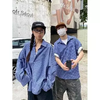 Рубашка с длинными рукавами с буквенным принтом 2024 года в японском стиле в стиле Гонконга, свободная рубашка для мужчин, летняя модная универсальная повседневная куртка M синий