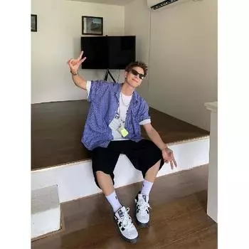 Рубашка с длинными рукавами с буквенным принтом 2024 года в японском стиле в стиле Гонконга, свободная рубашка для мужчин, летняя модная универсальная повседневная куртка M синий