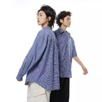 Рубашка с длинными рукавами с буквенным принтом 2024 года в японском стиле в стиле Гонконга, свободная рубашка для мужчин, летняя модная универсальная повседневная куртка M синий