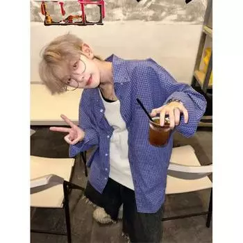 Рубашка с длинными рукавами с буквенным принтом 2024 года в японском стиле в стиле Гонконга, свободная рубашка для мужчин, летняя модная универсальная повседневная куртка M синий