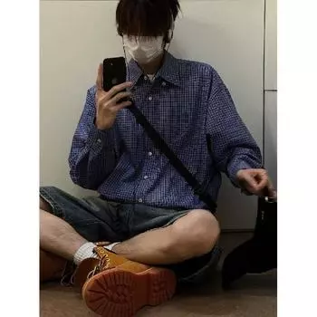 Рубашка с длинными рукавами с буквенным принтом 2024 года в японском стиле в стиле Гонконга, свободная рубашка для мужчин, летняя модная универсальная повседневная куртка M синий