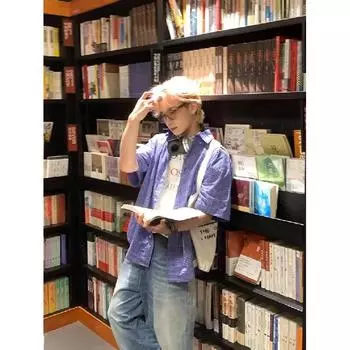 Рубашка с длинными рукавами с буквенным принтом 2024 года в японском стиле в стиле Гонконга, свободная рубашка для мужчин, летняя модная универсальная повседневная куртка M синий