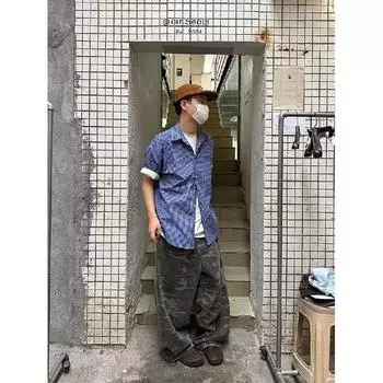 Рубашка с длинными рукавами с буквенным принтом 2024 года в японском стиле в стиле Гонконга, свободная рубашка для мужчин, летняя модная универсальная повседневная куртка M синий