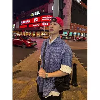 Рубашка с длинными рукавами с буквенным принтом 2024 года в японском стиле в стиле Гонконга, свободная рубашка для мужчин, летняя модная универсальная повседневная куртка M синий