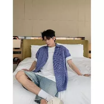 Рубашка с длинными рукавами с буквенным принтом 2024 года в японском стиле в стиле Гонконга, свободная рубашка для мужчин, летняя модная универсальная повседневная куртка M синий