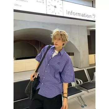 Рубашка с длинными рукавами с буквенным принтом 2024 года в японском стиле в стиле Гонконга, свободная рубашка для мужчин, летняя модная универсальная повседневная куртка M синий