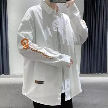 Рубашка с длинными рукавами с нашивками для мужчин, больших размеров, модная, свободная, весна-осень, рабочая одежда, повседневная, японская, ретро, белая M чёрный