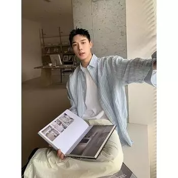 Рубашка с длинными рукавами в американском ретро-стиле с солнцезащитным кремом для мужчин и женщин, новая дышащая рубашка в стиле праздного стиля, повседневная M синий