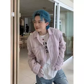 Рубашка с длинными рукавами в американском ретро-стиле с контрастными цветами в стиле пэчворк для мужчин и женщин, весна/лето, новая свободная повседневная рубашка с солнцезащитным кремом, пальто M синий