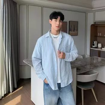 Рубашка с длинными рукавами в американском ретро-стиле с солнцезащитным кремом для мужчин и женщин, новая дышащая рубашка в стиле праздного стиля, повседневная M синий