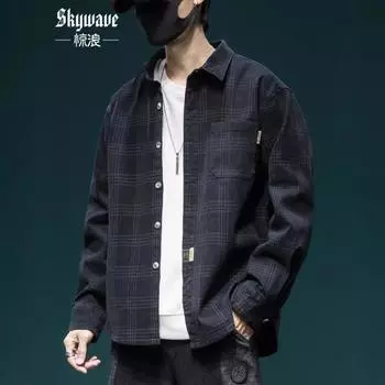 Рубашка с длинными рукавами в японскую клетку, мужская, свободного покроя, большого размера, повседневная, универсальная, куртка, ретро-рубашка, куртка Tide S синий