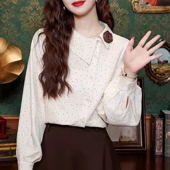 Рубашка с длинными рукавами в стиле ретро в горошек в гонконгском стиле для женщин зимой, модный дизайн, уменьшающий возраст, универсальный топ S