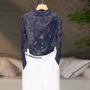 Рубашка с длинными рукавами, женская осенняя одежда, новая полуводолазка с принтом, облегающий и тонкий топ S
