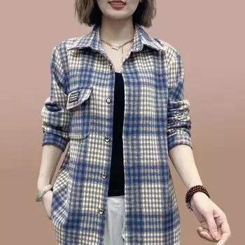 Рубашка с длинными рукавами женская осенняя женская клетчатая рубашка весенне-осенняя куртка кардиган топ XXXXXL чёрный