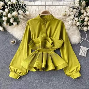 Рубашка с длинными рукавами, женская, с объемными складками и оборками на талии, темпераментная, универсальная, весенняя блузка One Size белый