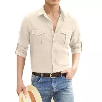 Рубашка с двумя карманами из хлопка и льна с длинным рукавом, мужская повседневная праздничная рубашка M
