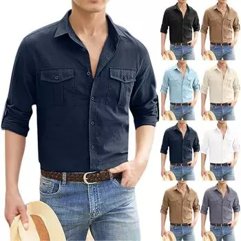 Рубашка с двумя карманами из хлопка и льна с длинным рукавом, мужская повседневная праздничная рубашка XXXXXL хаки